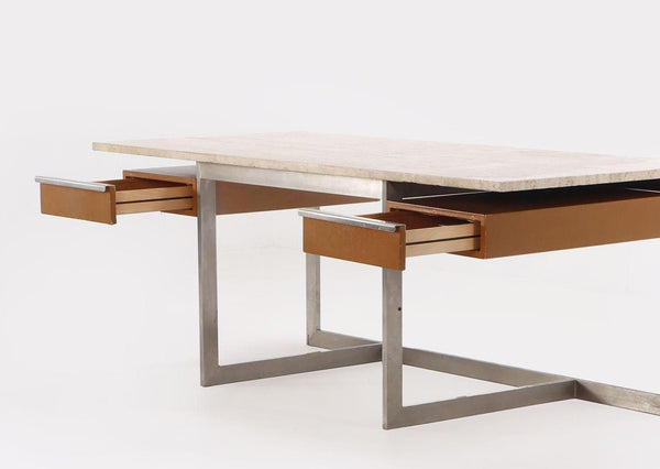 Large Executive Desk with Travertine Top and Steel Base. France, 1970's.