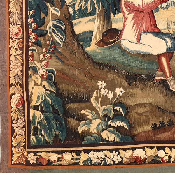 18th Century Flemish Verdure Tapestry of a Man Drinking in the Woods