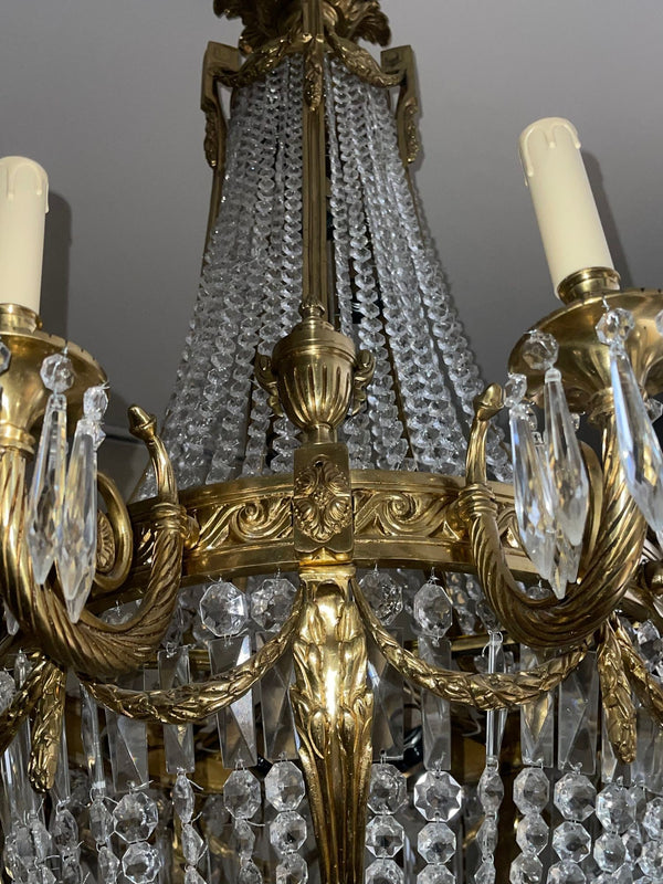 Pair of Early 20th Century French Bronze Chandeliers with Crystal.