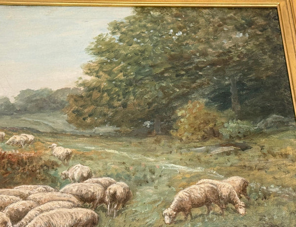 G. A. Hays American Sheep Pasture Landscape Oil Painting, circa 1900.