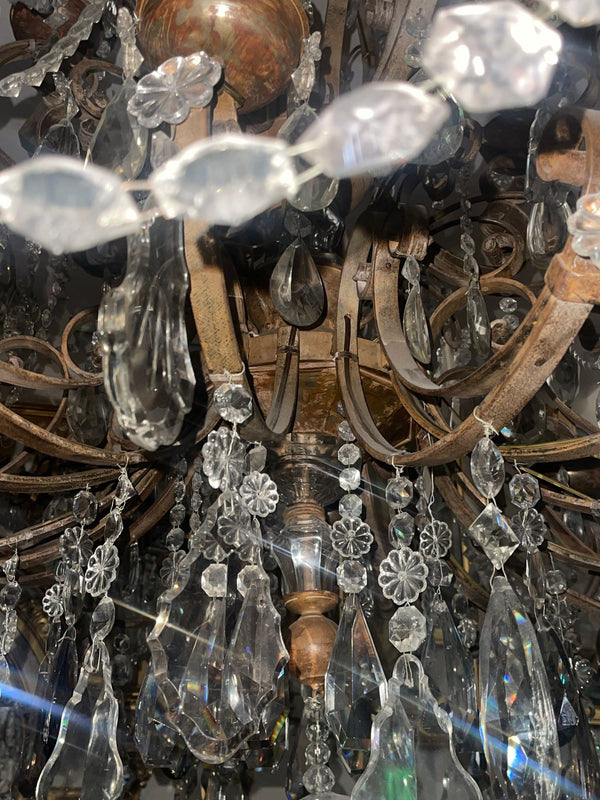 Monumental Venetian Wrought Iron, Wood & Crystal Chandelier Early 19th Century