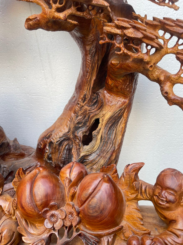 Large Hand-Carved Padauk Wood Hotei Buddha with Children and Bonsai Tree,1950's.