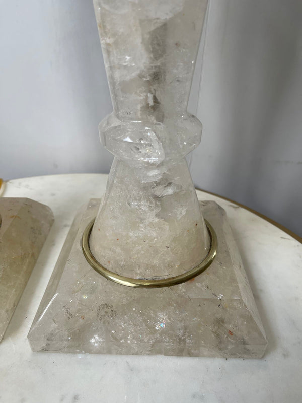 Pair of 20th C. Rock Crystal Lamps with Flame-Style Shades and Brass Details