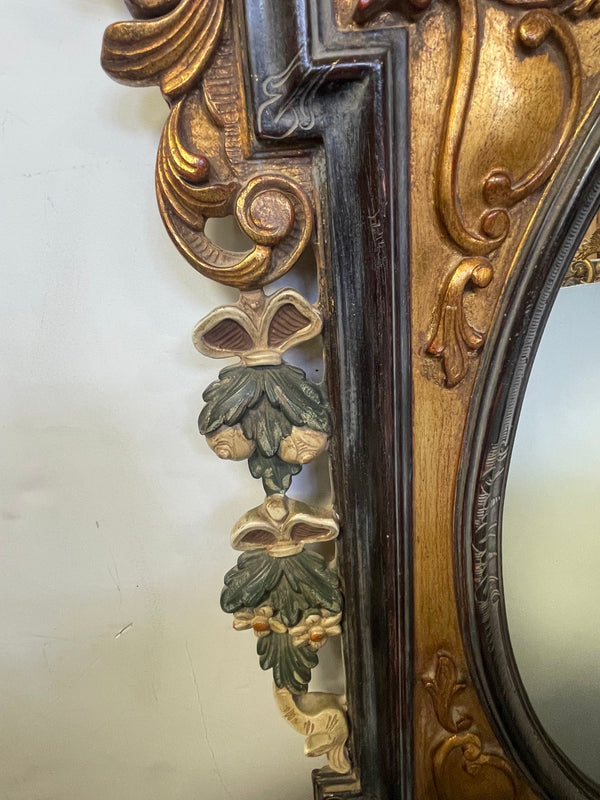 19th C. Carved Rococo-Style Black and Gold Mirror with Painted Hanging Garlands