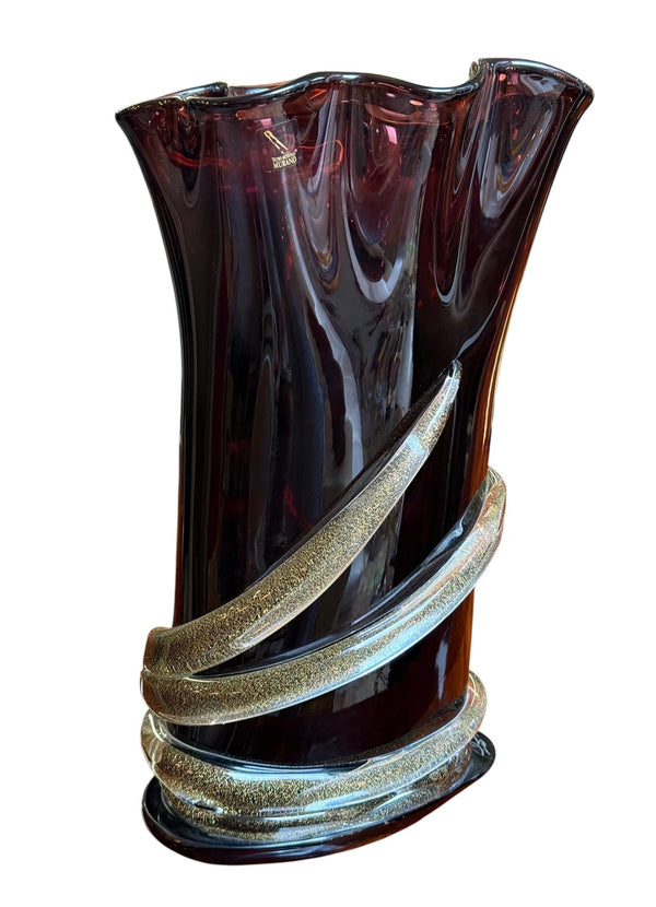Signed Camozzo Murano Dark Amethyst Art Glass Vase with Gold Flecks.
