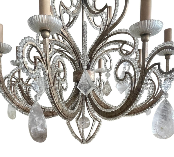 Pair of French Silver Leaf Wrought Iron Chandeliers w/ Rock Crystal–20th Century