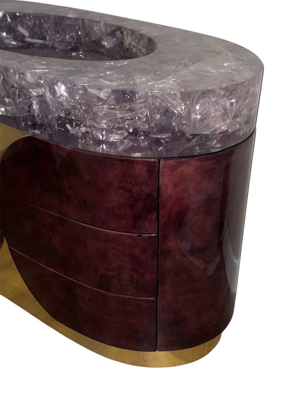Citron Bathroom Vanity Cabinet-Hand-Dyed Eggplant Goatskin w/ Crystal Resin Sink