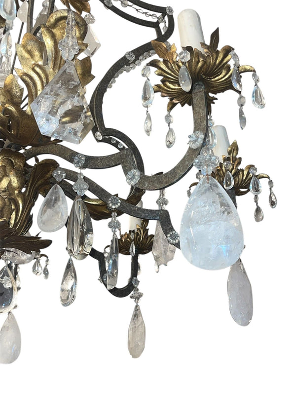 Impressive Early 20th Century French Wrought Iron and Rock Crystal Chandelier
