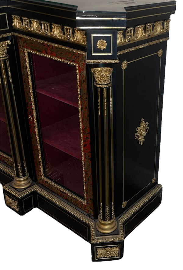 19th C. Napoleon III French Boulle Bronze Mounted Vitrine Cabinet w/ Glass Top