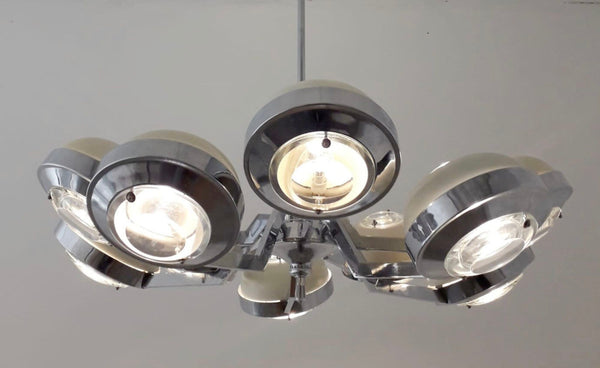 Chandelier with Glass Lens Diffusers and Enameled Metal Shades by Torlasco Italy