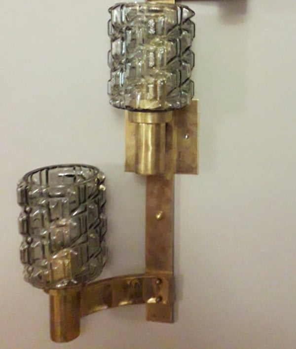 Set of Eight Triple Smoky Murano Glass Sconces. Italy, 1980's.