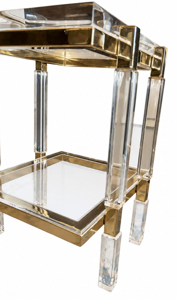 Pair of Charles Hollis Jones Lucite & Brass Two-Tier Side Tables, Late 20th C.