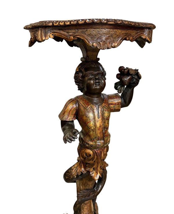 Pair of Mid-19th Century Italian Polychrome & Gilt Figural Pedestal Tables