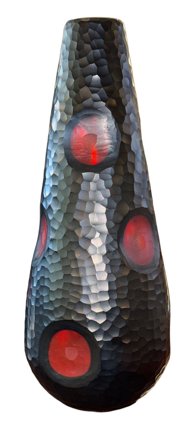 Pair Murano Battuto Glass Vases in Black & Vermillion. Italy, Late 20th Century.