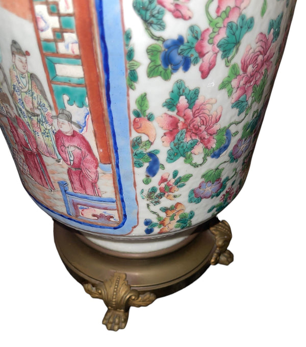 19th Century Chinese Famille Rose Porcelain & Bronze Table Lamp