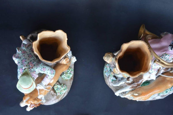 Set of Two Porcelain Hunting Dog Vases