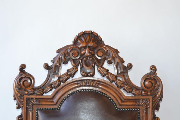 Mid-19th Century Italian Baroque Style Walnut & Leather Throne Chair
