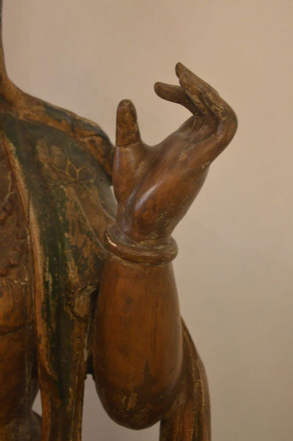 Large Chinese Hand-Carved Polychrome Wood Figure of Guanyin, Late 19th Century.
