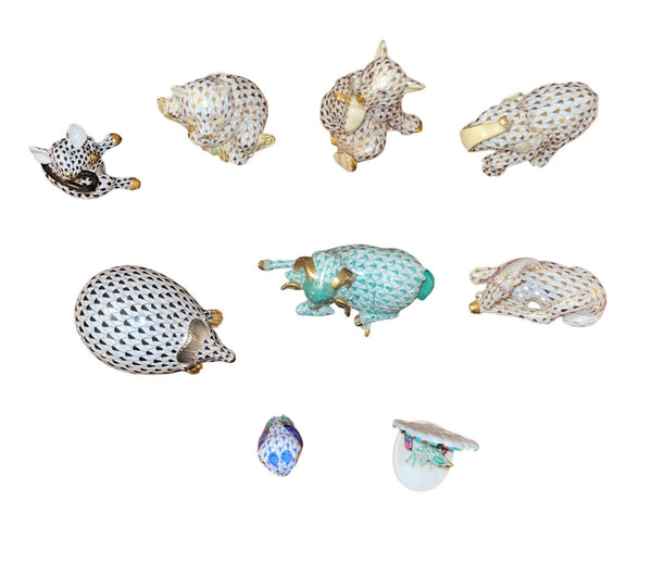 Set of Nine Herend Fishnet Porcelain Animal Figurines
