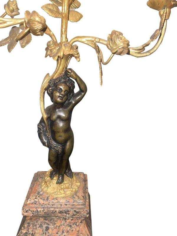 Pair of Late 19th C. French Belle Époque Candelabras Bronze, Gilt Metal & Marble