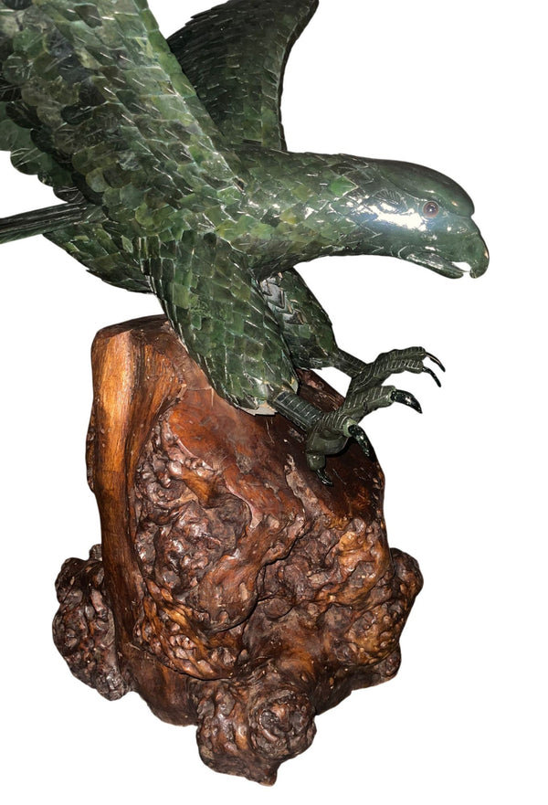 Monumental 20th century Chinese Spinach Jade Carved Eagle on Naturalistic Base