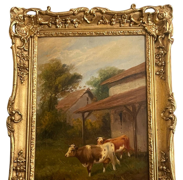 19th Century Italian Pastoral Cow Painting Signed by Vitolla