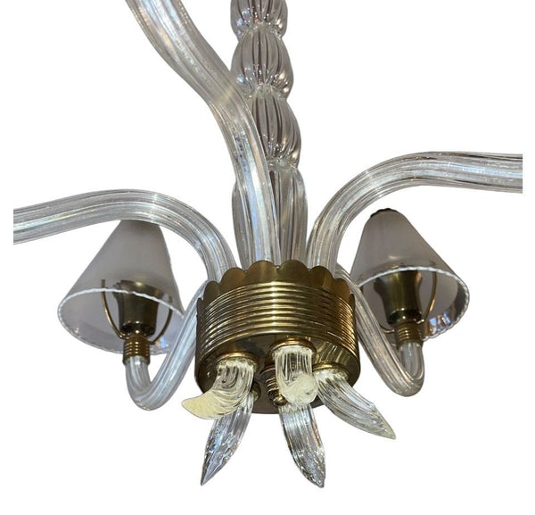 Ercole Barovier Murano Glass Five-Arm Chandelier w Frosted Shades. Italy, 1940's