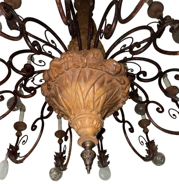 French Provincial Rock Crystal, Wrought Iron & Wood Chandelier. 1940's.