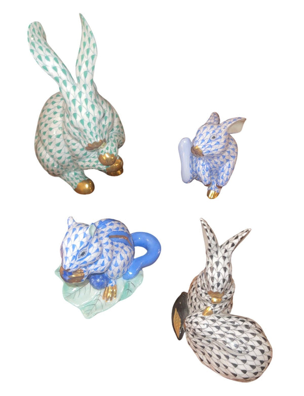 Set of Ten Herend Fishnet Porcelain Animal Figurines. Hungary, 20th Century.