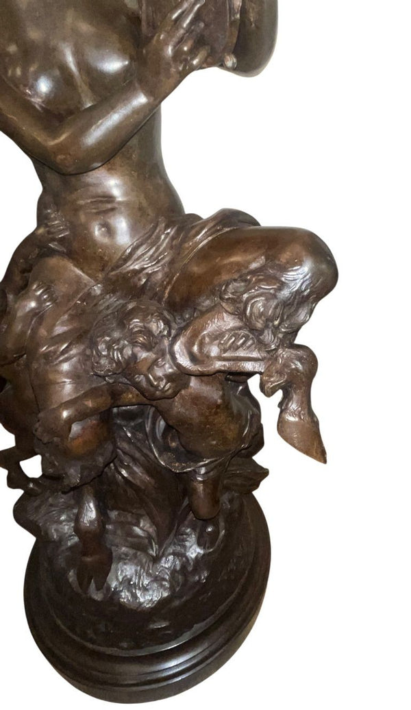Large 18th Century French Clodion Bronze Bacchic Group w/ Satyr & Putti.