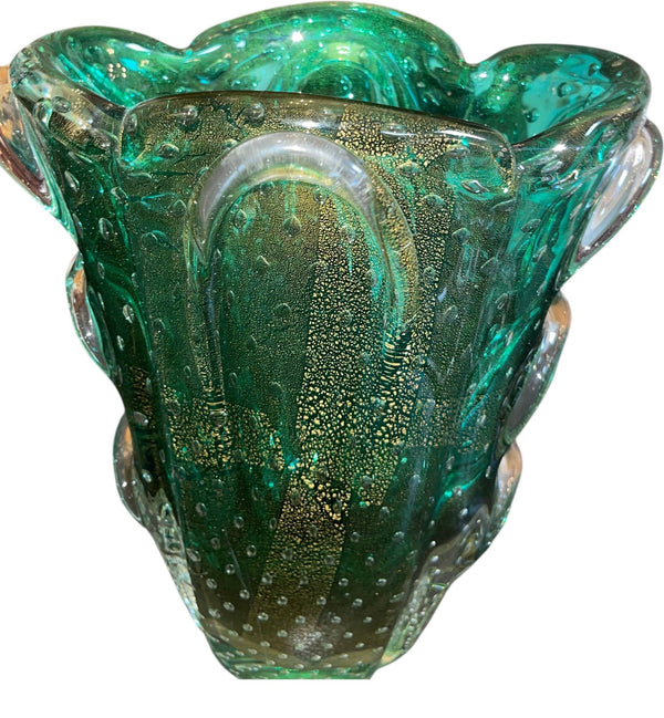 Seguso Murano Green & Gold Aventurine Art Glass Vase. Mid-20th Century.