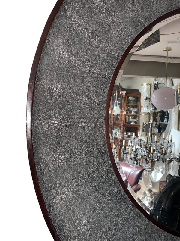 Italian Faux Shagreen & Walnut Concave Round Mirror, Late 20th Century.