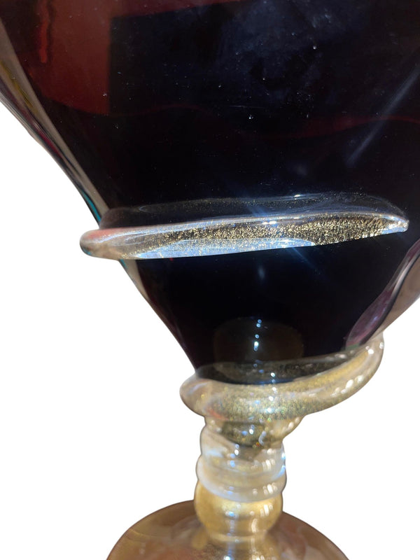 Dark Amethyst Murano Glass & Gold Fleck Glass Compote. Signed by Camozzo.