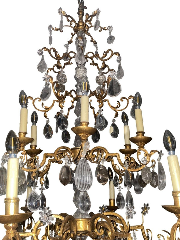 Late 20th Century Hand-Carved Rock Crystal and Wrought Iron Chandelier. U.S.A.
