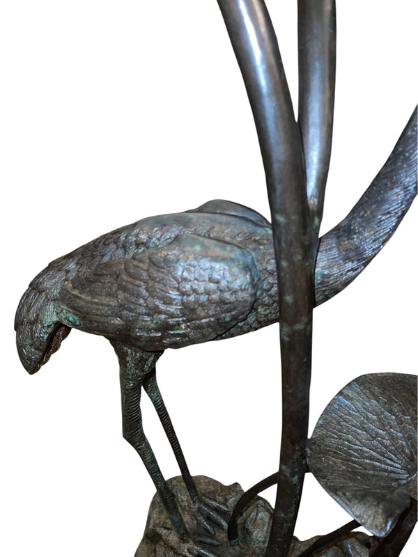 LaBarge Bronze Crane & Lily Pad Glass Top Console Table. U.S.A Late 20th Century