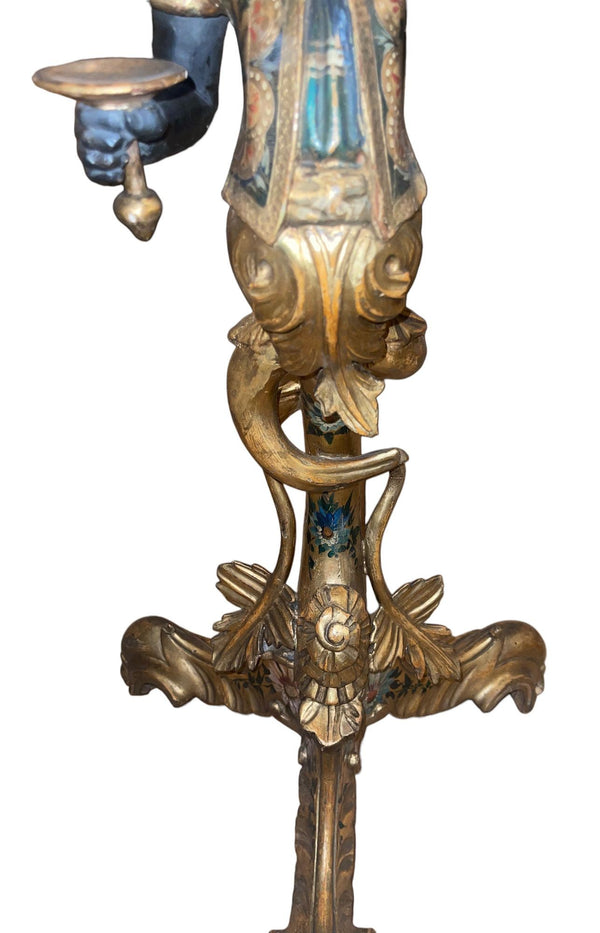 Pair of Mid-19th Century Italian Polychrome & Gilt Blackamoor Pedestal Tables