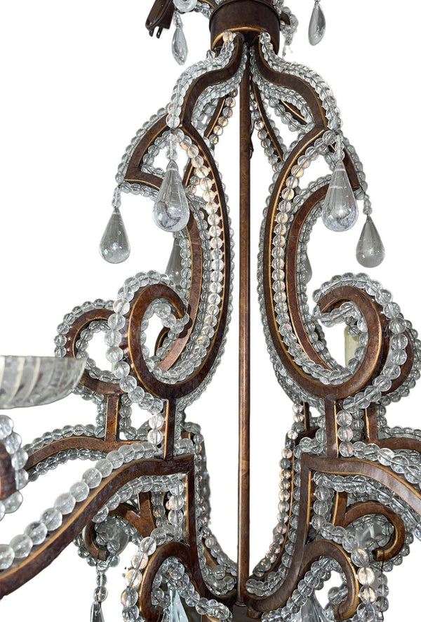 20th Century French Wrought Iron Rock Crystal Chandelier