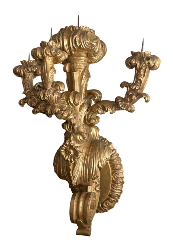 Rare Pair of Early 19th Century Italian Baroque Style Giltwood Wall Candelabras