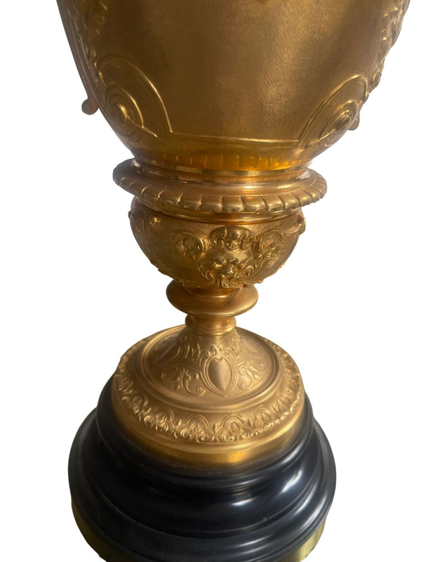 Pair of French Belle Époque Gilt Bronze Ewers on Marble Bases. Late 19th Century