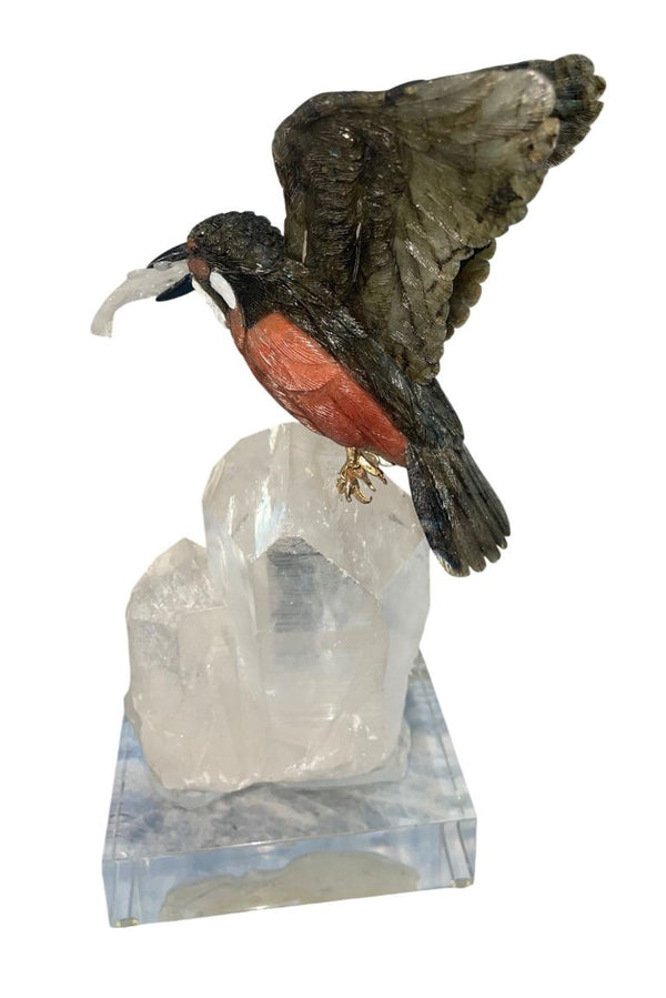 Peter Muller Labradorite Kingfisher Sculpture Quartz Base. Switzerland, 1980's.