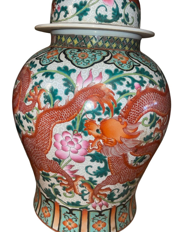 Early 20th C. Pair of Chinese Qianlong Style Porcelain Jars w/ Dragon Motifs