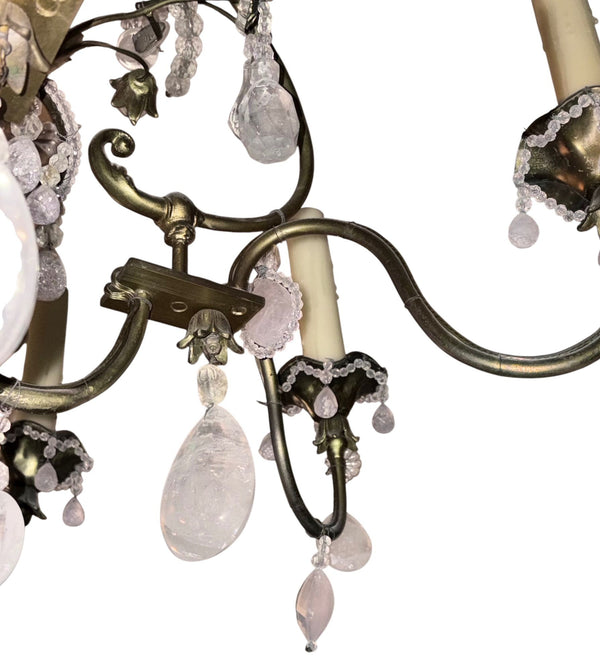 Maison Baguès Rock Crystal & Rose Quartz Chandelier, France, 1940's