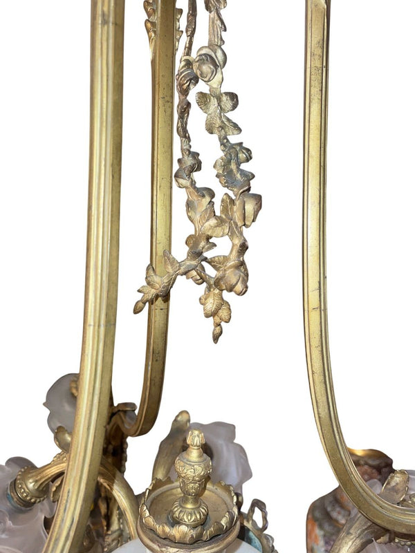 French 19th-C Bronze Chandelier with Marble Body, Wedgwood Plaque & Glass Shades