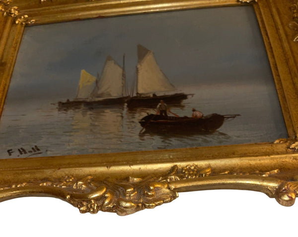 Set of Two 19th Century Antique Marine Oil Paintings in Gilt Frames
