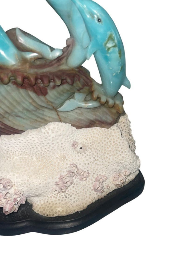 Blue Quartzite Dolphin Sculpture on Onyx Base, Brazil, Late 20th Century.