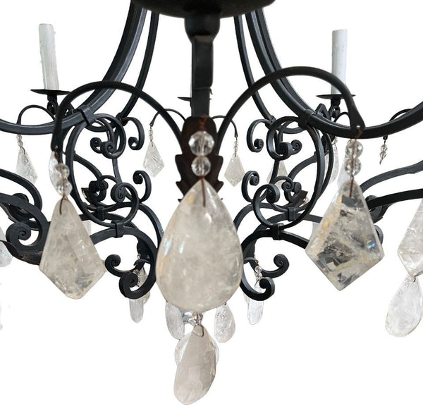 Large Wrought Iron Chandelier with Rock Crystal Drops & Prisms, Italy, 20th C.