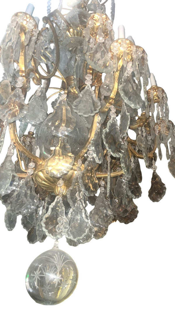 Pair of French Bronze & Cut Crystal Chandeliers, Early 20th Century.