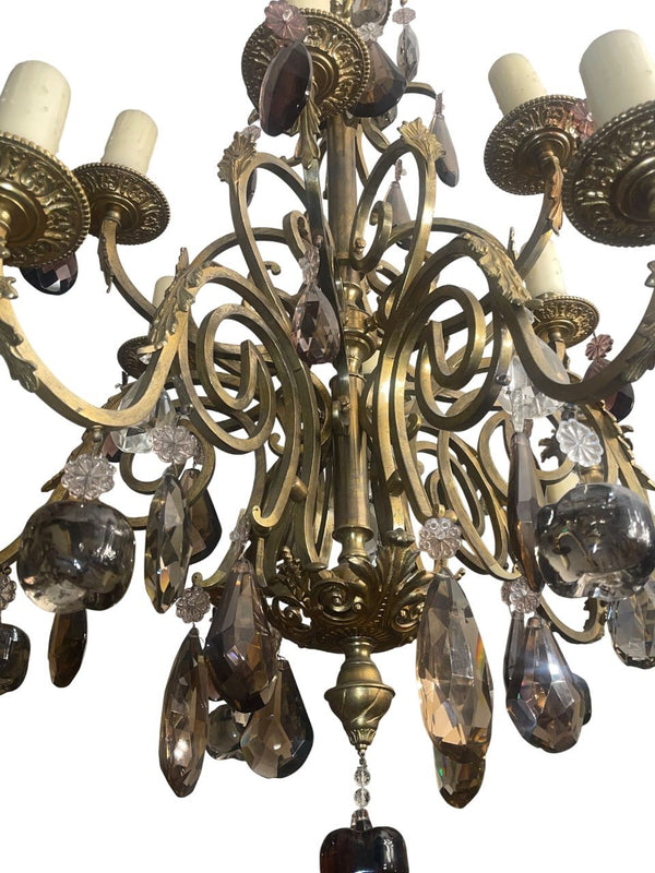 French Early 20th Century Brass and Bronze Chandelier w Mixed Cut Crystal Colors