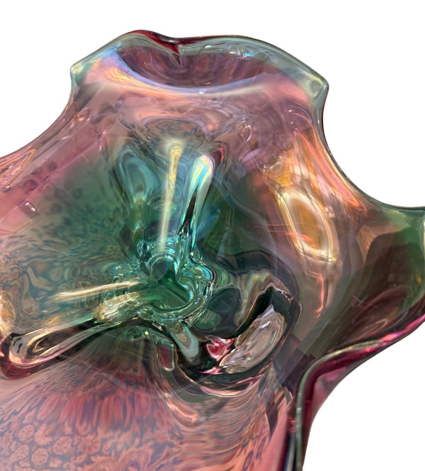 Murano Glass Footed Bowl Emerald Green, Pink & Clear, Italy, Late 20th Century