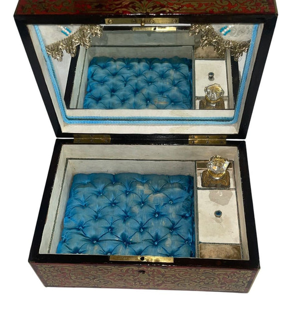 French Mid-19th Century Boulle Jewelry Box with Mirror and Perfume Bottle.